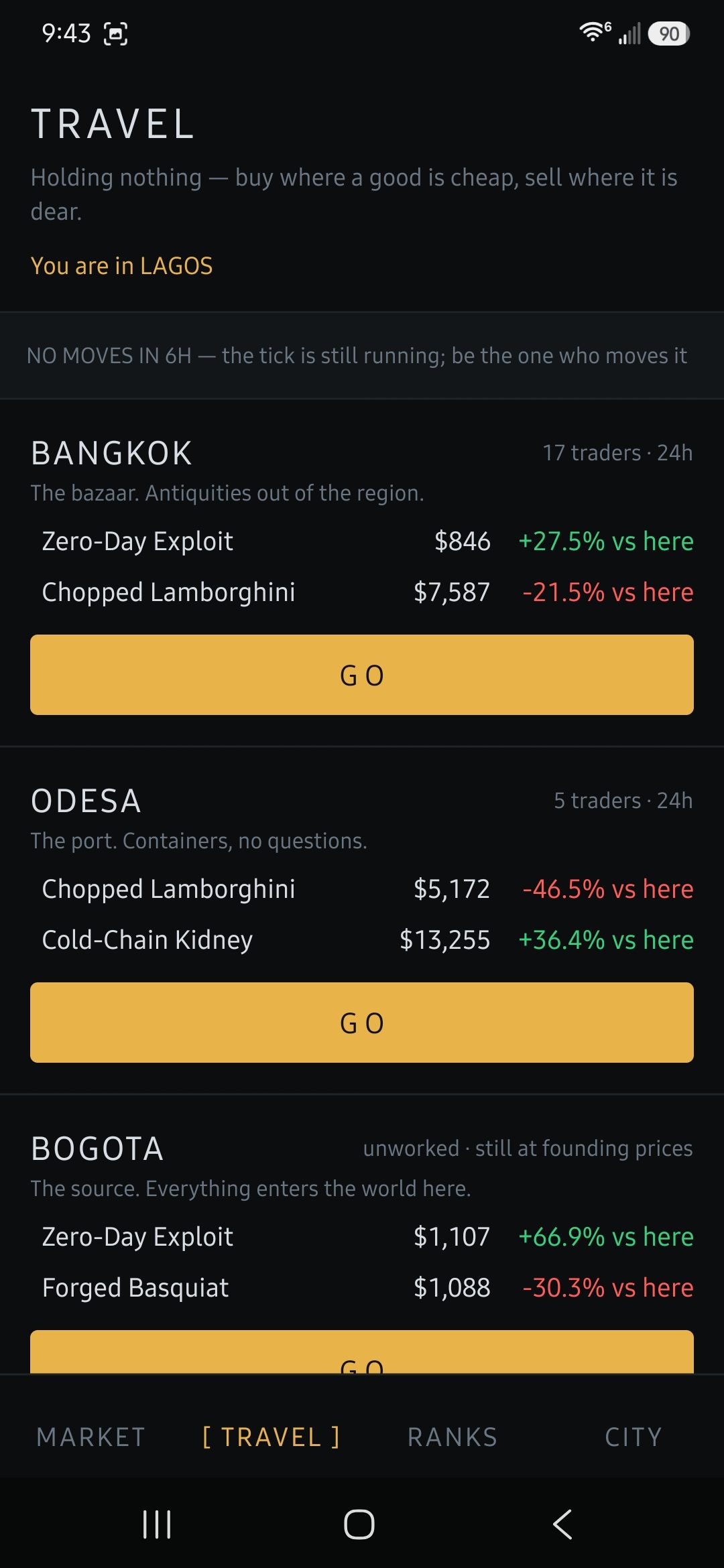 Travel screen comparing prices in Bangkok, Odesa and Bogota against the player's current city