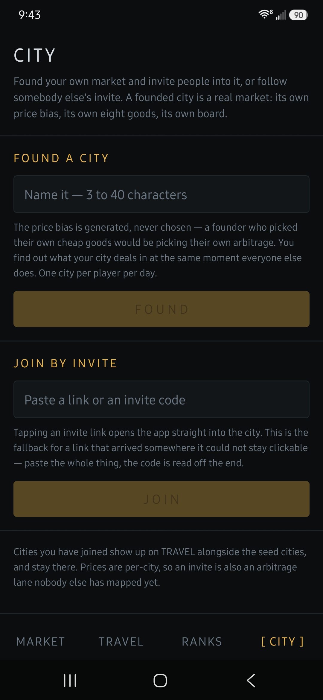 City screen with Found a City and Join by Invite forms